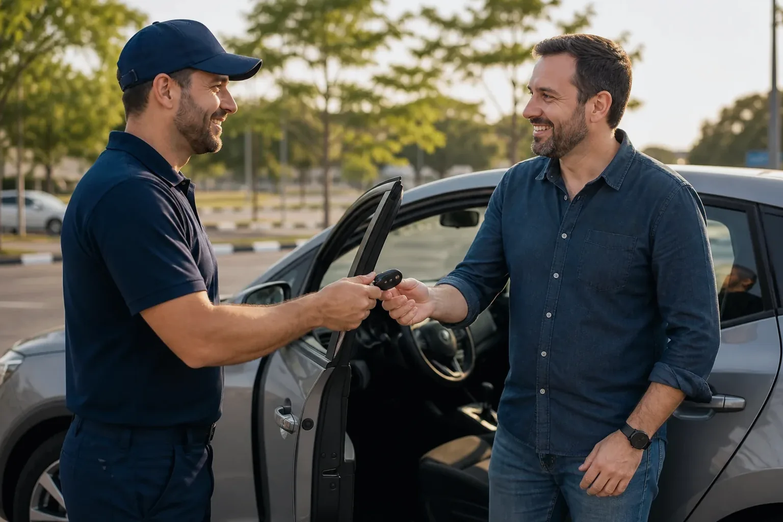 Chaveiro abrindo a porta de um carro com ferramentas específicas.
