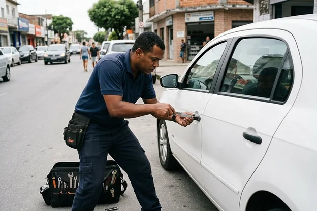 Chaveiro atendendo a um carro com ferramentas específicas.